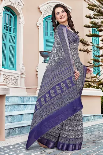 navy_blue printed pure cotton navy blue saree with blouse