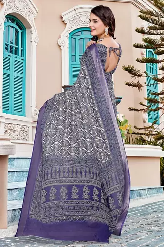 navy_blue printed pure cotton navy blue saree with blouse