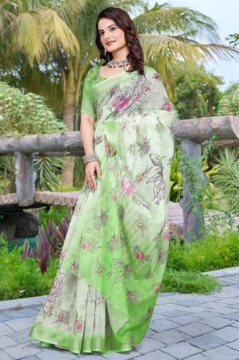 light_green printed pure cotton light green saree with blouse