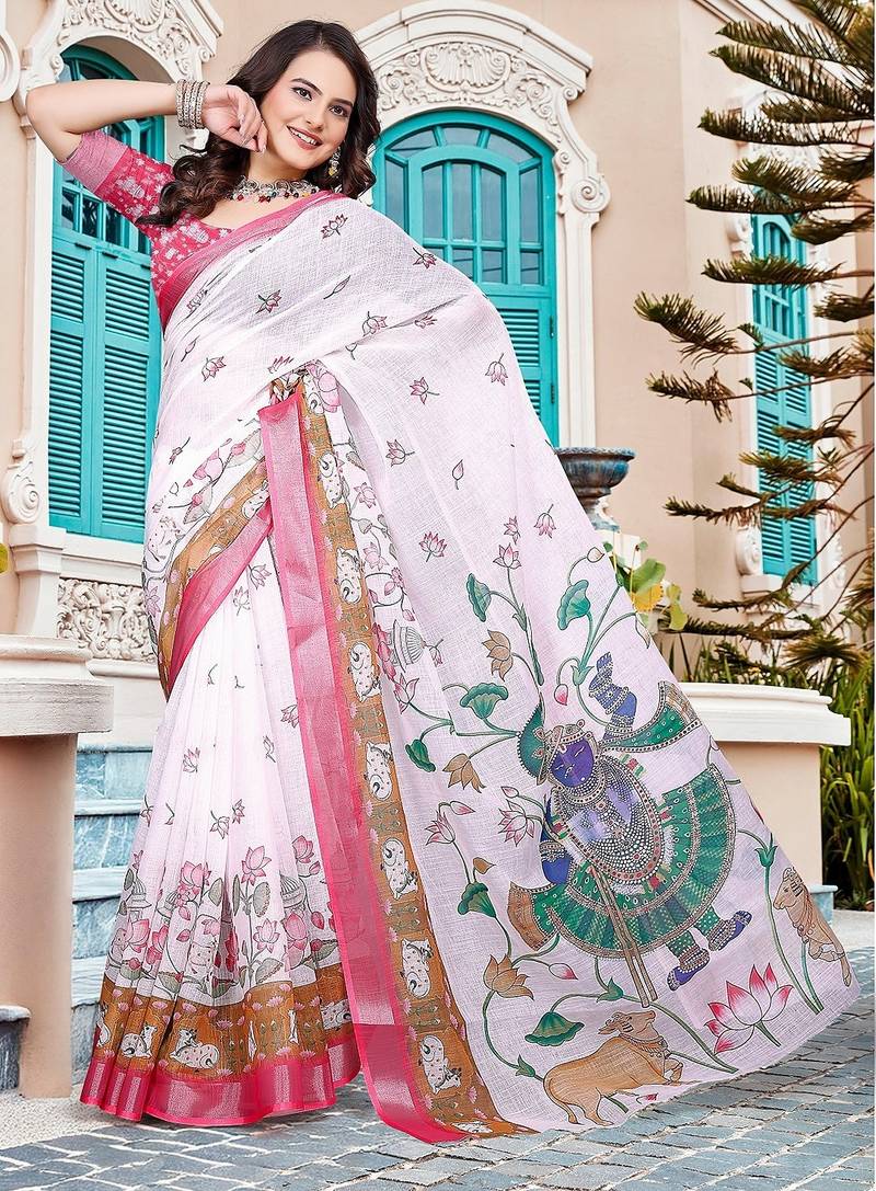 white printed pure cotton white saree with blouse