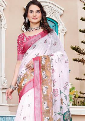 white printed pure cotton white saree with blouse 2