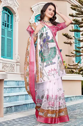 white printed pure cotton white saree with blouse