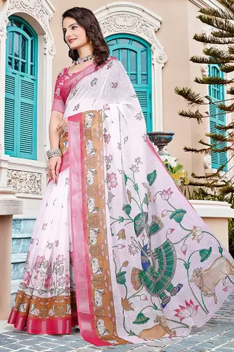 white printed pure cotton white saree with blouse