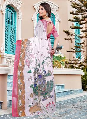 white printed pure cotton white saree with blouse 5
