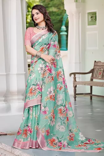 green printed pure cotton green saree with blouse