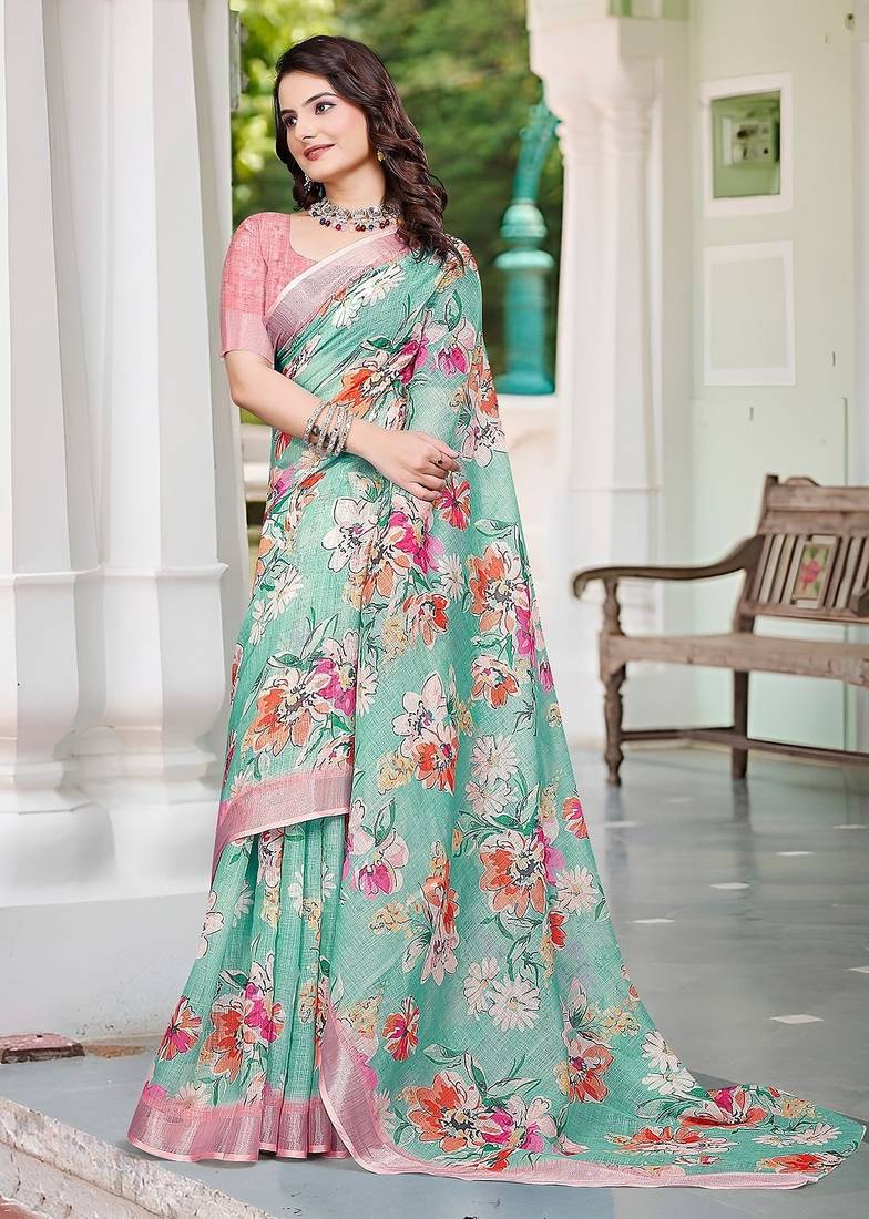 green printed pure cotton green saree with blouse