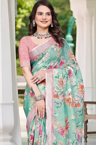 green printed pure cotton green saree with blouse