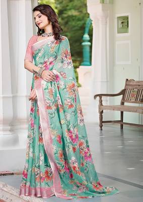 green printed pure cotton green saree with blouse 3