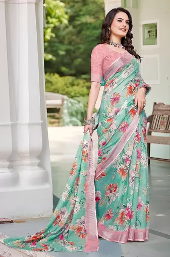 green printed pure cotton green saree with blouse