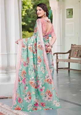 green printed pure cotton green saree with blouse 5