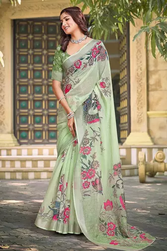 light_green printed pure cotton light green saree with blouse