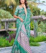 green printed pure cotton green saree with blouse