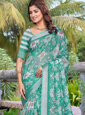 green printed pure cotton green saree with blouse 2