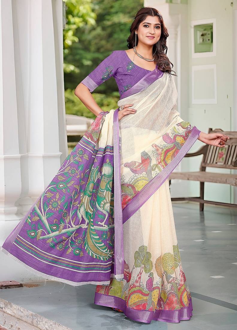 beige printed pure cotton beige saree with blouse