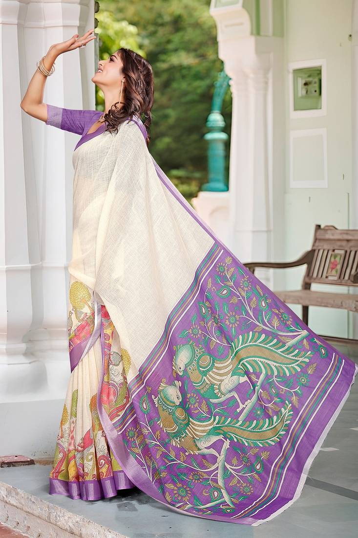 beige printed pure cotton beige saree with blouse