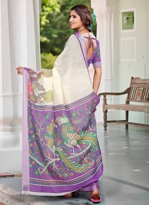 beige printed pure cotton beige saree with blouse 5