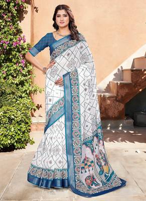 white printed pure cotton white saree with blouse 1