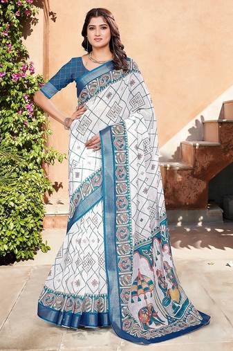 white printed pure cotton white saree with blouse