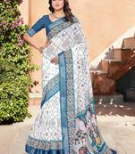 white printed pure cotton white saree with blouse