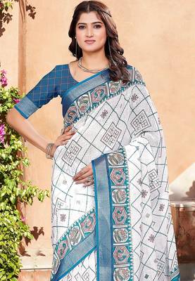 white printed pure cotton white saree with blouse 2