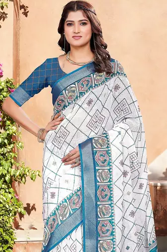 white printed pure cotton white saree with blouse