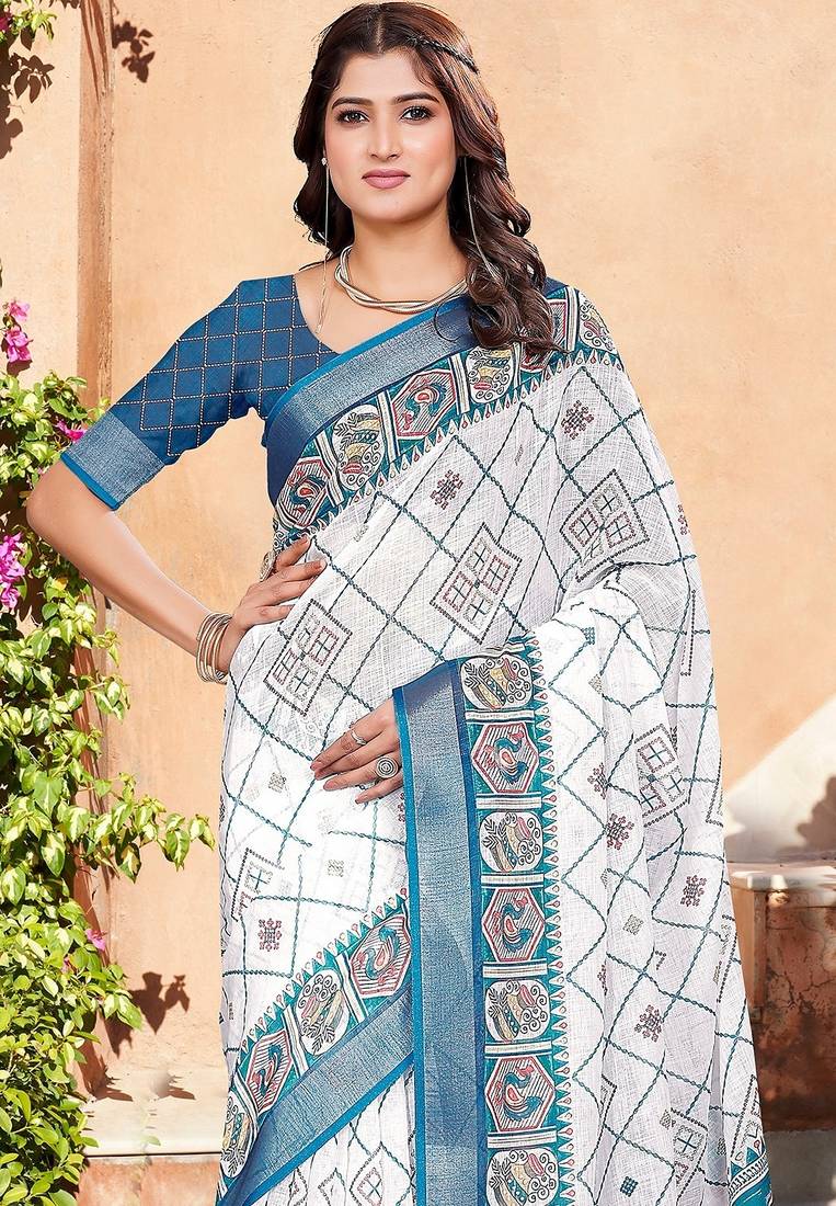 white printed pure cotton white saree with blouse