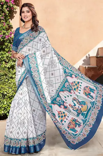 white printed pure cotton white saree with blouse