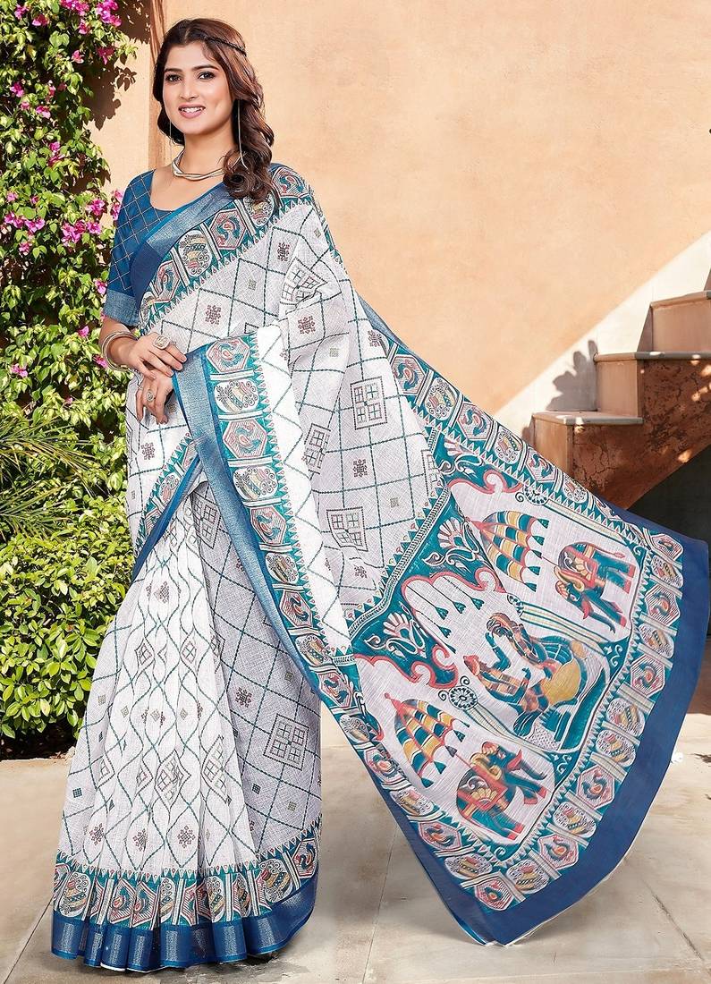 white printed pure cotton white saree with blouse