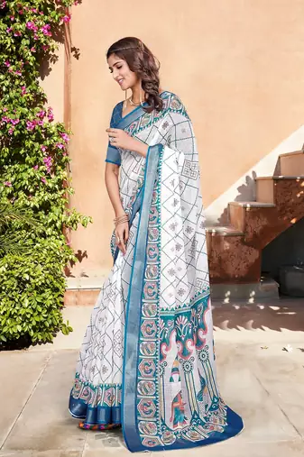 white printed pure cotton white saree with blouse