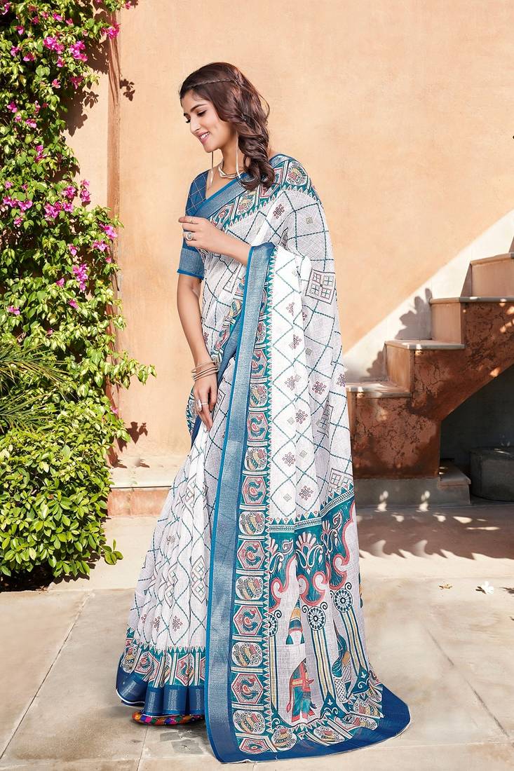 white printed pure cotton white saree with blouse