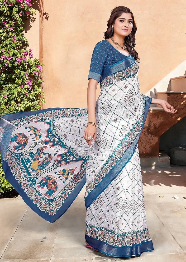 white printed pure cotton white saree with blouse