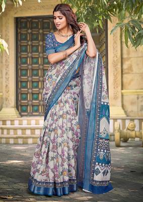 multicolor printed pure cotton multicolor saree with blouse 1