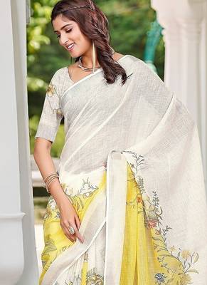 white printed pure cotton white saree with blouse 1