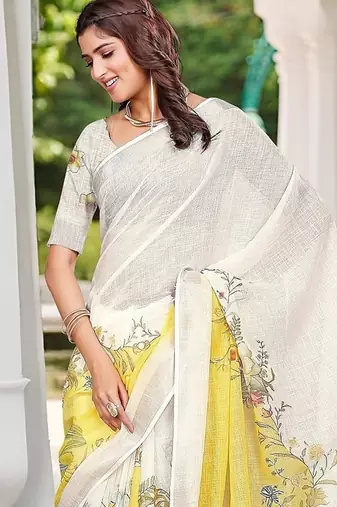 white printed pure cotton white saree with blouse