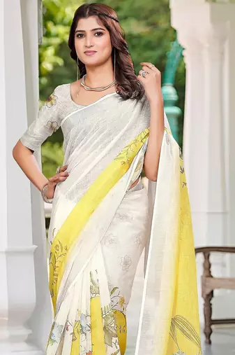 white printed pure cotton white saree with blouse