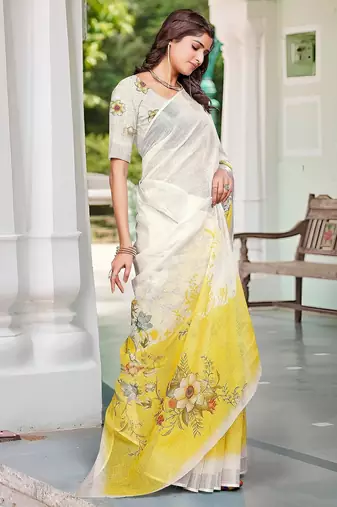 white printed pure cotton white saree with blouse