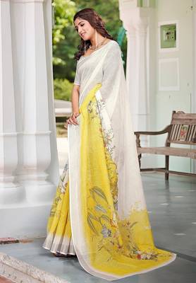 white printed pure cotton white saree with blouse 4