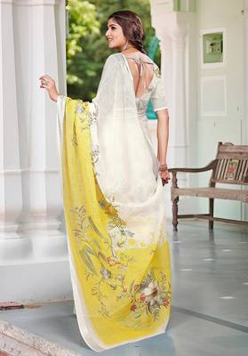 white printed pure cotton white saree with blouse 5