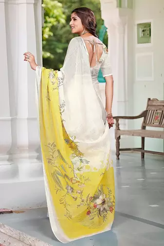 white printed pure cotton white saree with blouse