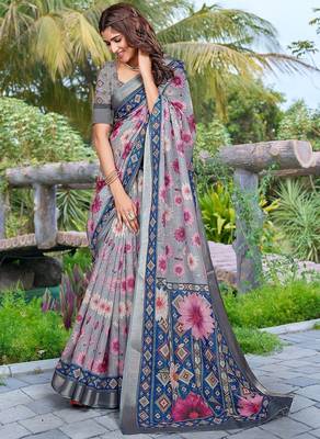grey printed pure cotton grey saree with blouse 1
