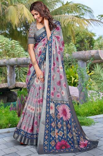 grey printed pure cotton grey saree with blouse