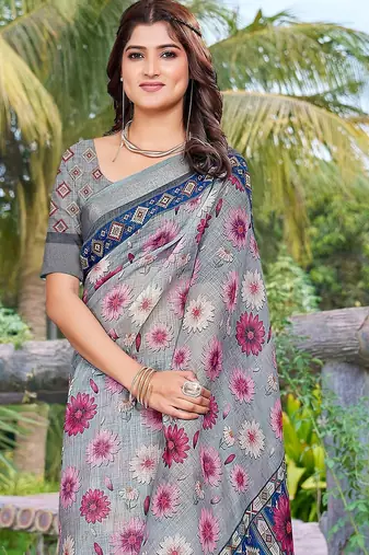 grey printed pure cotton grey saree with blouse
