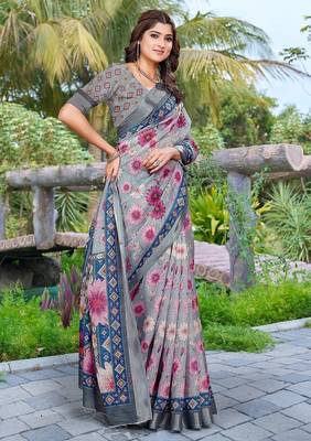 grey printed pure cotton grey saree with blouse 3