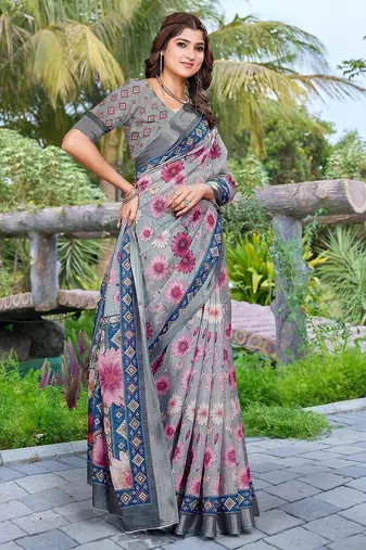 grey printed pure cotton grey saree with blouse