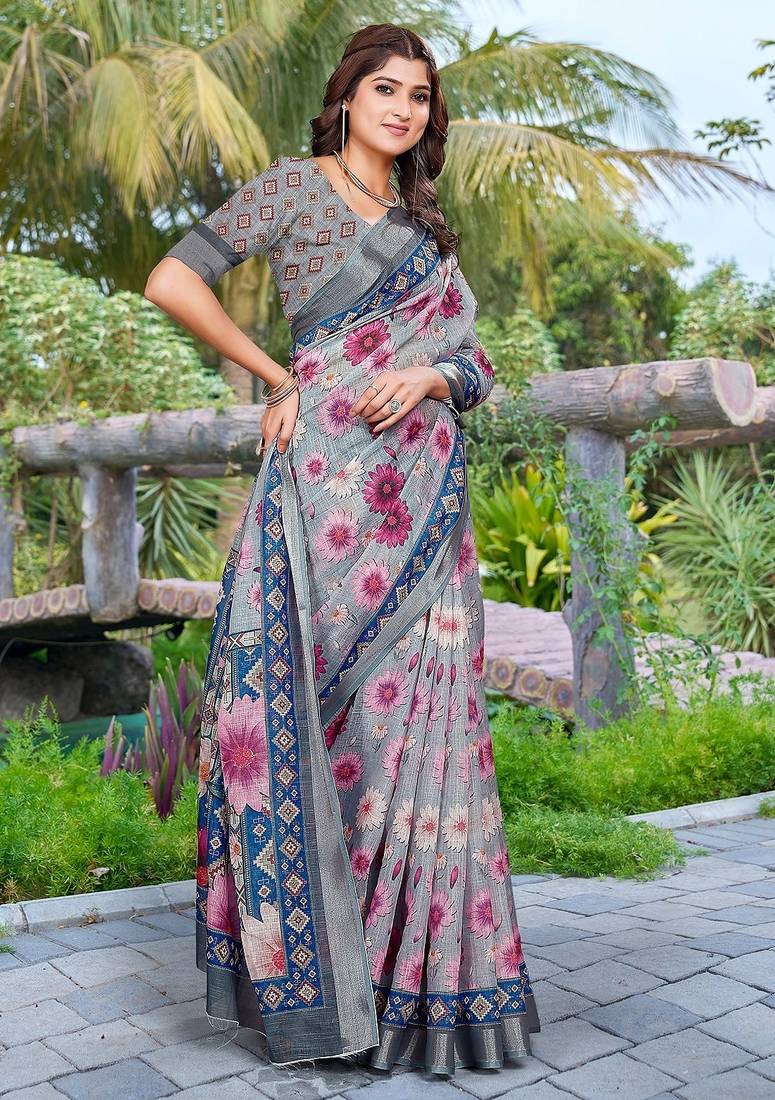 grey printed pure cotton grey saree with blouse