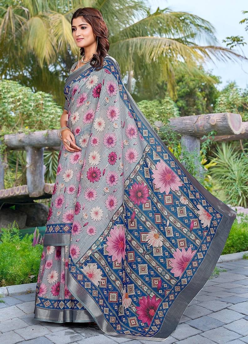 grey printed pure cotton grey saree with blouse