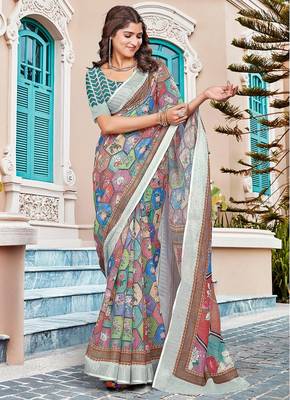 multicolor printed pure cotton multicolor saree with blouse 1