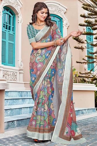 multicolor printed pure cotton multicolor saree with blouse