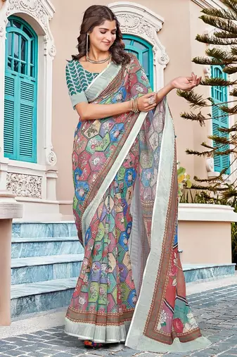 multicolor printed pure cotton multicolor saree with blouse