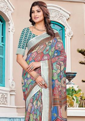 multicolor printed pure cotton multicolor saree with blouse 2